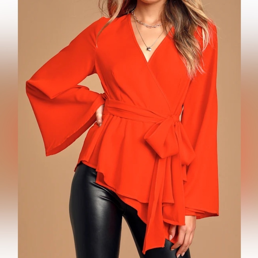 Lulus New Boldness Red Long Sleeve Wrap Top blouse shirt